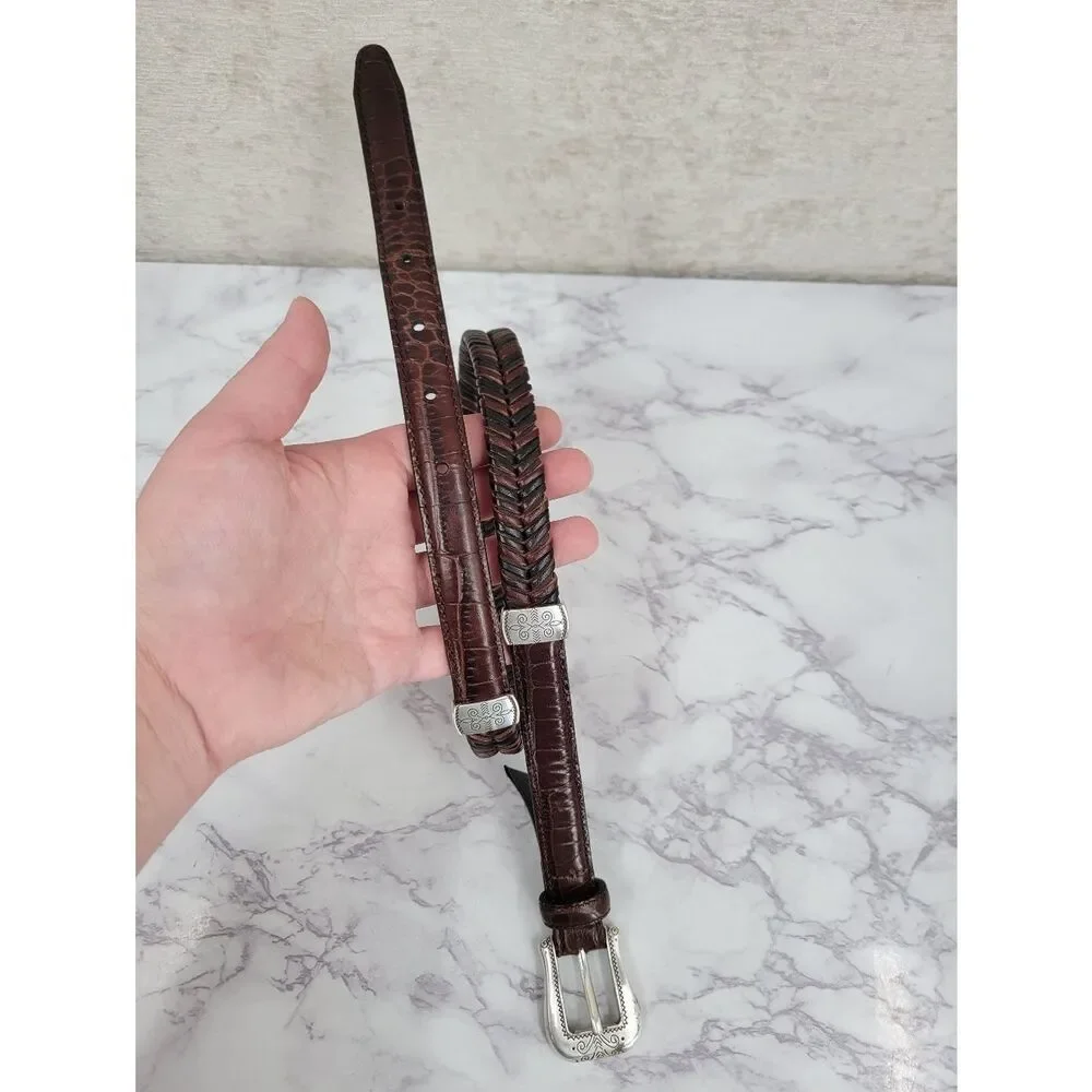Brighton Braided Woven Leather Belt inTwo Tone Dark Brown Silver Toned Buckle